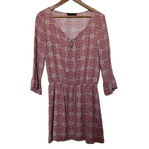 Sanctuary Marrakech Boho Lace-up Front Dress w/ Bell Sleeves. Pink & Red. Size S